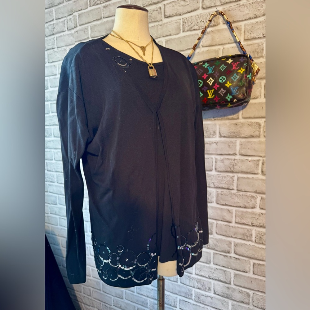 Attitude 2 Piece shell and cardigan set black with silver sequin accents